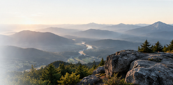 A winding river through forested mountains, with distant peaks in the morning light.