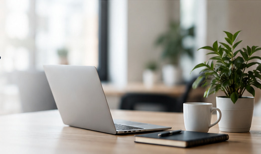 A laptop, notebook, coffee cup, and green plant in a bright, natural workspace.